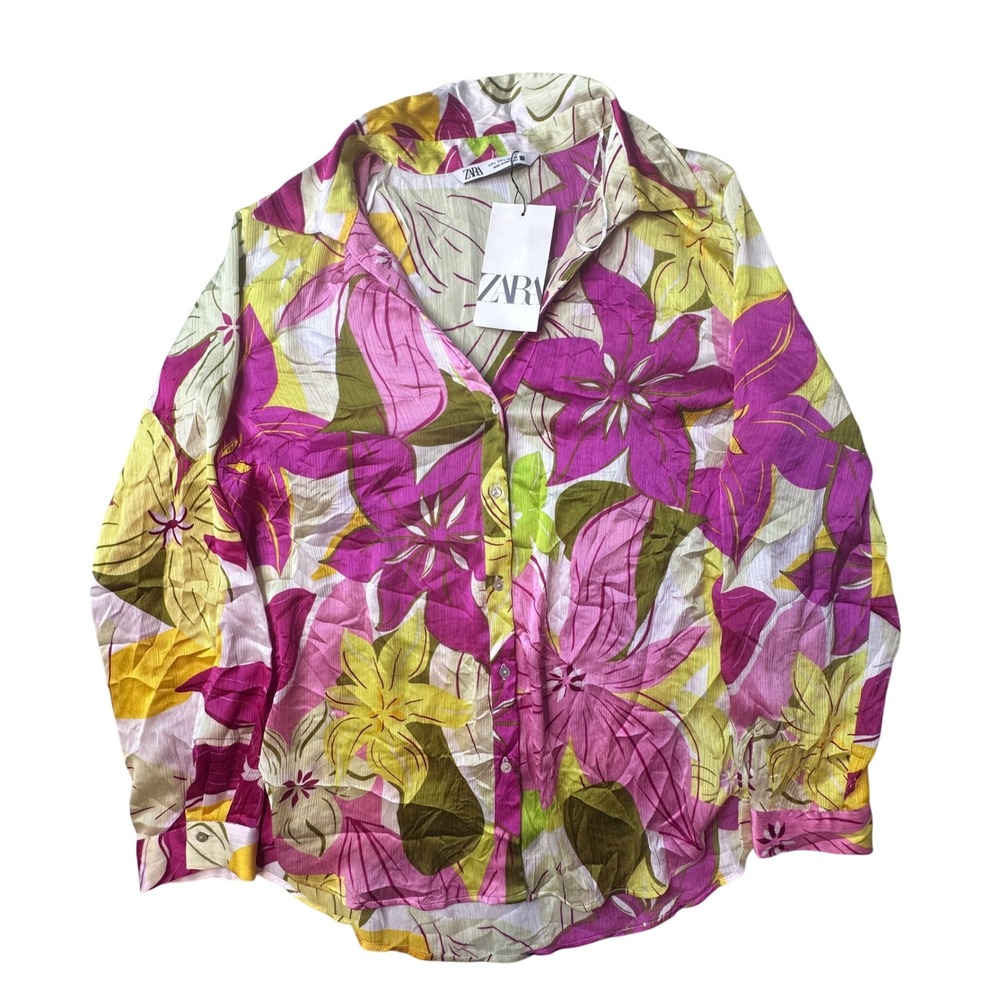 Zara Shirt Womens L Pink Floral Print Button Up Long Sleeve Crepe 2852/761/330